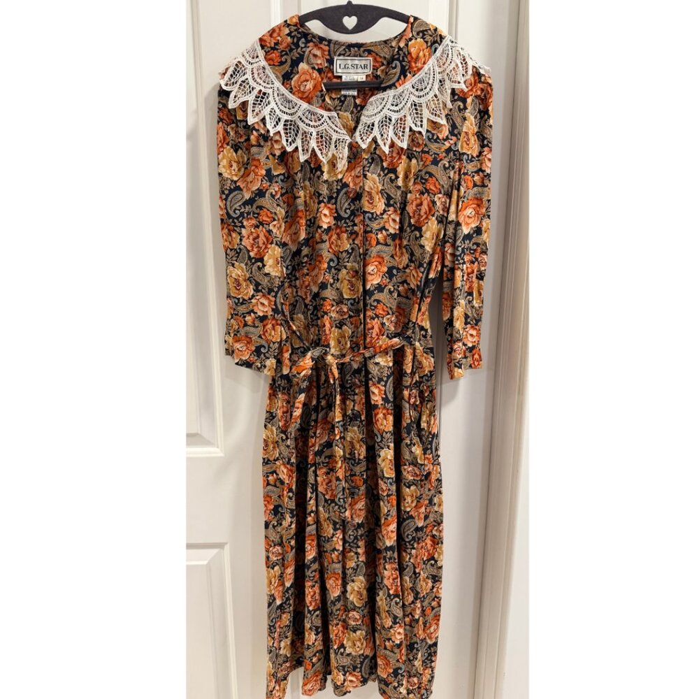 Vintage L.G. Star Floral Maxi Dress w/ Lace Collar | Size 12